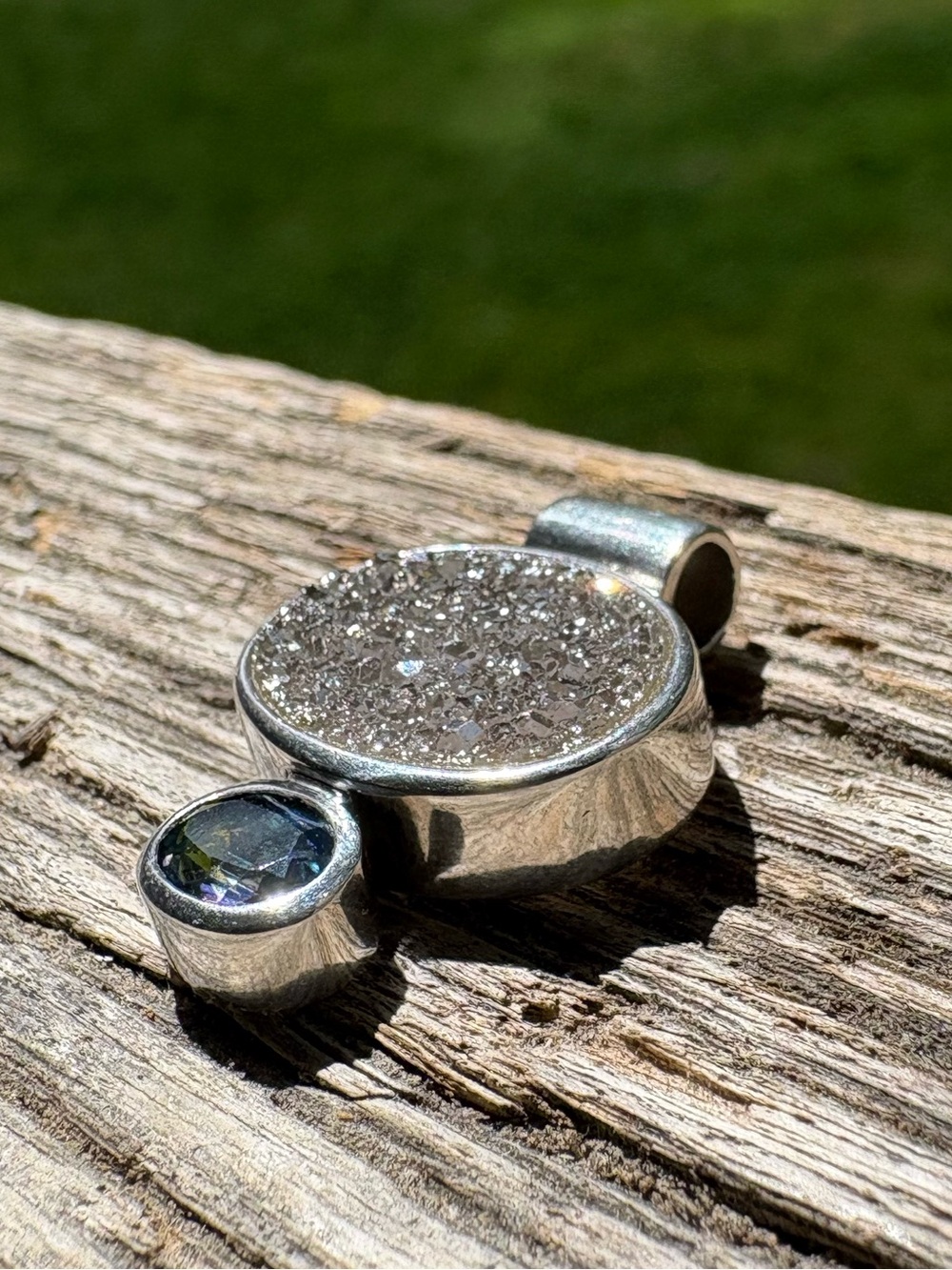 Vintage Sterling Silver Two Stone Druzy Blue Green Synthetic Alexandrite Pendant